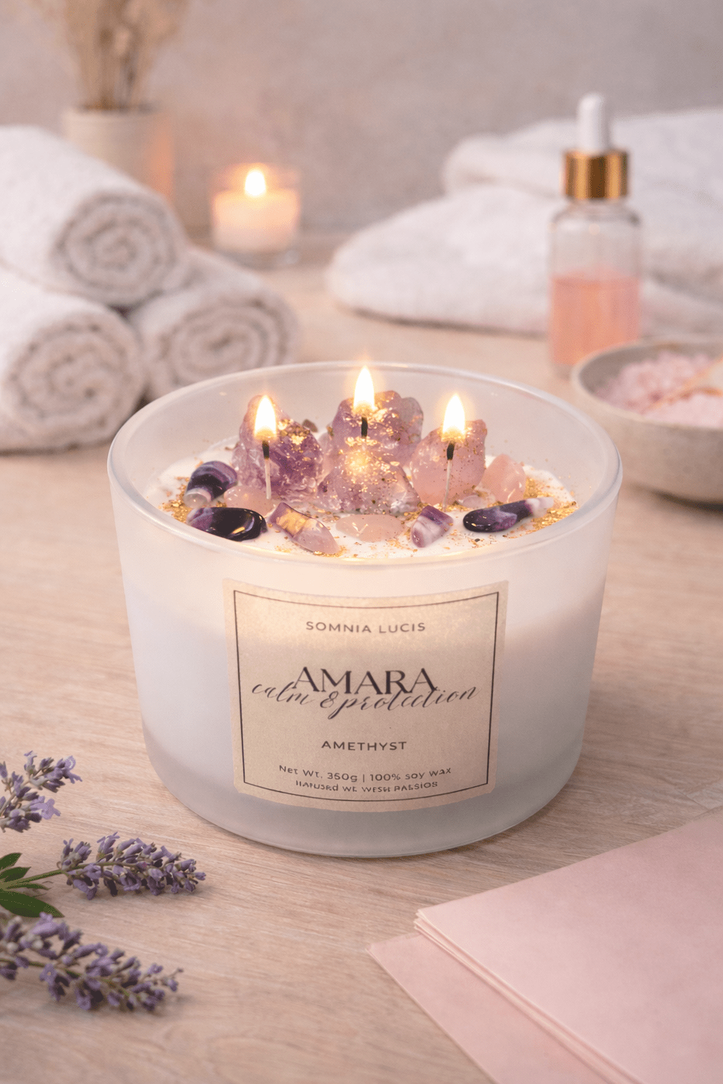 AMARA Calm & Protection - Große 3 - Docht Sojawachskerze mit Amethyst und Begleitstein - Somnia Lucis