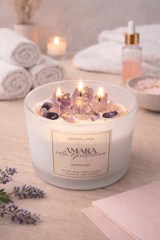 AMARA Calm & Protection - Große 3 - Docht Sojawachskerze mit Amethyst und Begleitstein - Somnia Lucis