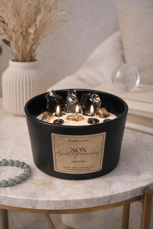NOX Depth & Grounding - Große 3 - Docht Sojawachskerze mit Obsidian und Begleitstein - Somnia Lucis