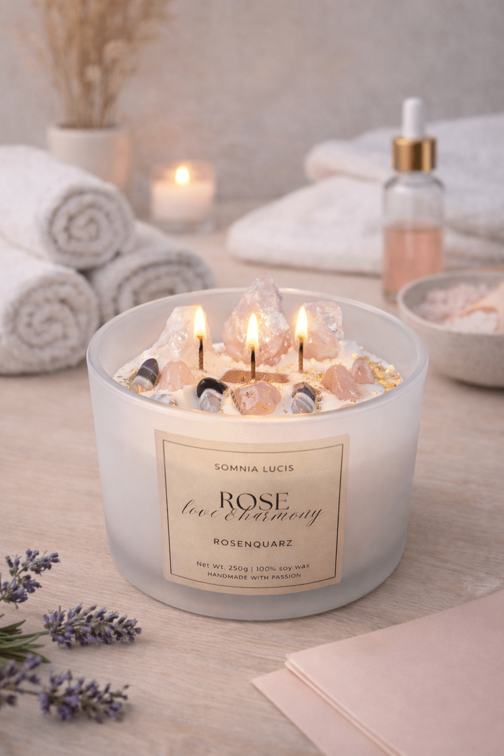 ROSE Love & Harmony - Große 3 - Docht Sojawachskerze mit Rosenquarz und Begleitstein - Somnia Lucis