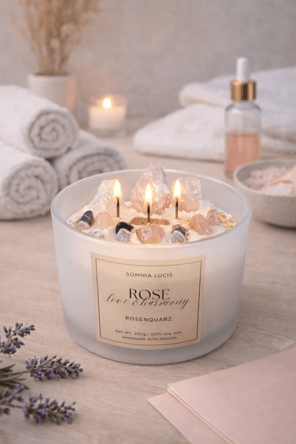 ROSE Love & Harmony - Große 3 - Docht Sojawachskerze mit Rosenquarz und Begleitstein - Somnia Lucis
